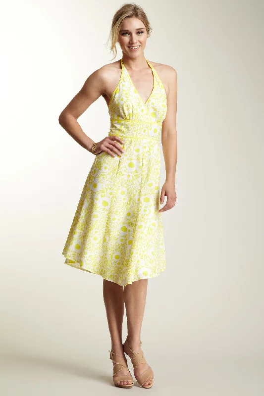 Cotton Pique Binded Halter Dress - Lemon Floral Garden party floral dresses