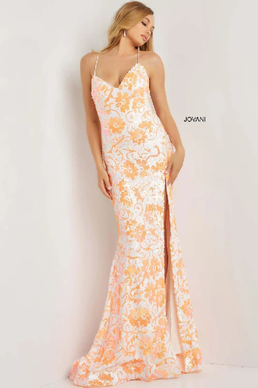 JOVANI 08255 Floral Design Sequin Dress with Spaghetti Straps, Lace Up Back and Slit Stretchy floral dresses