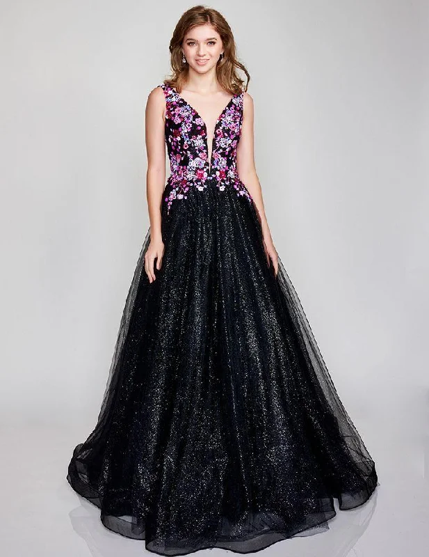 NINA CANACCI 3184 BLACK MULTI Shimmer Tulle Ballgown with Floral Bodice - Size 6 Flowy floral dresses