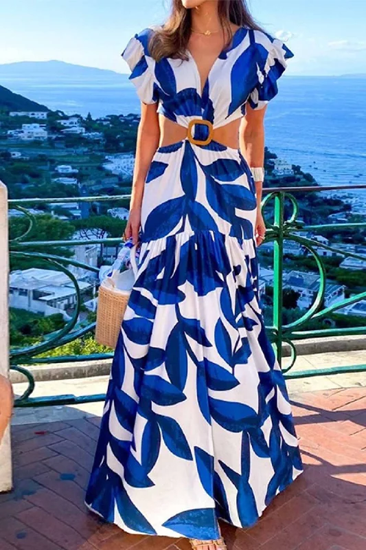 Printed Ruffled Cap Sleeve Cutout Ring Linked Dress Best floral dresses for outdoor weddings