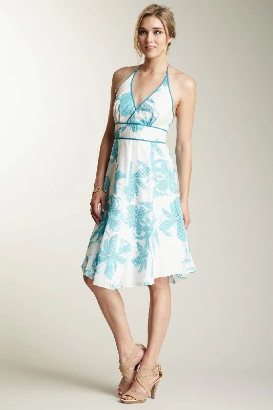 Silk Voile Halter Dress - Blue Print Floral dresses under $100