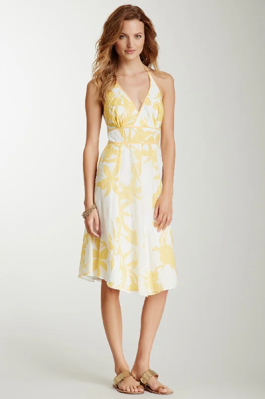 Silk Voile Halter Dress - Yellow Print Discounted floral dresses