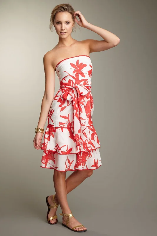 Silk Voile Strapless Dress - Red Print Luxury floral dresses