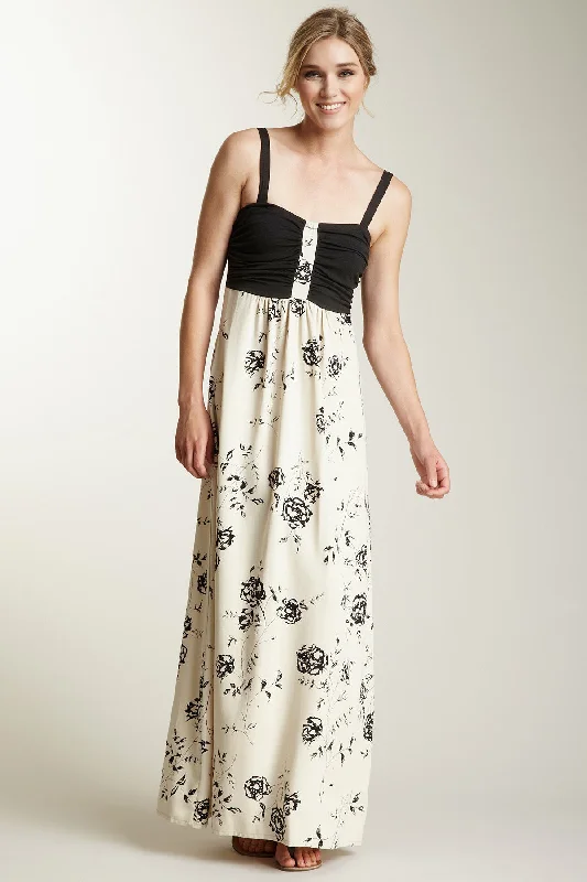 Tencel Printed Long Dress with Knit Top - Black/Khaki Cocktail floral dresses