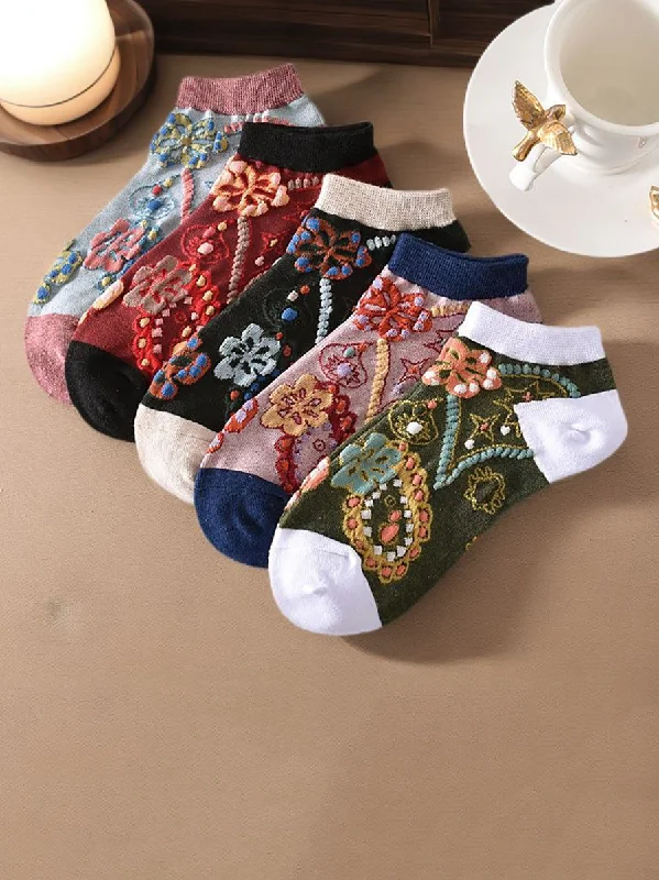 5 Pairs Women Summer Flower Jacquard Short Socks CO1040 Mini Skirt Classic