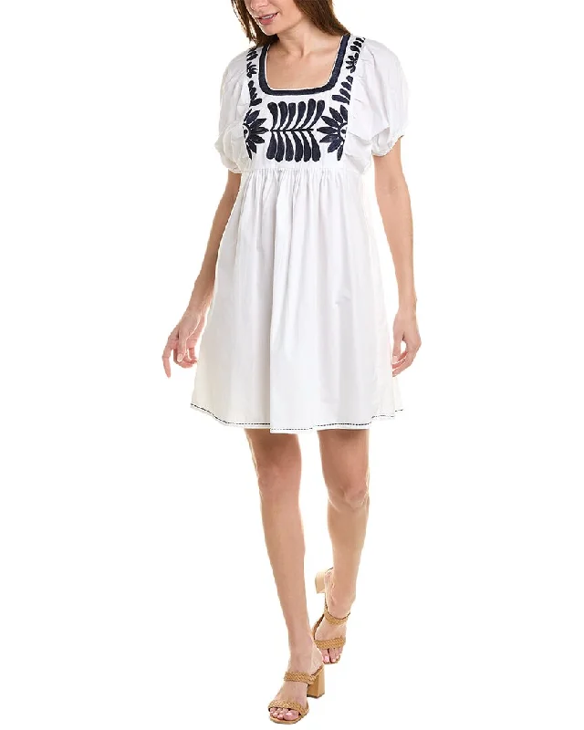 bella tu Embroidered Linen Mini Dress Fitted Pleated Skirt