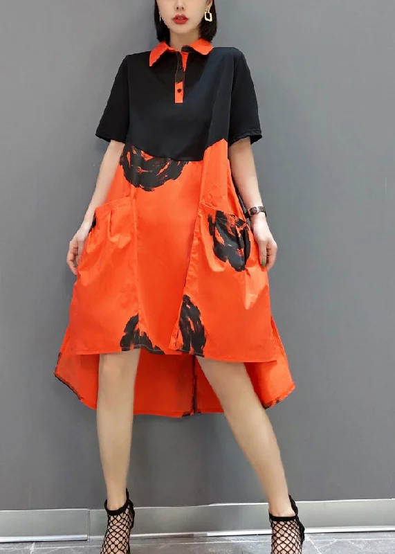 Boutique Orange Peter Pan Collar Patchwork Print Cotton Robe Dresses Short Sleeve LY0553 Summer Denim Mini