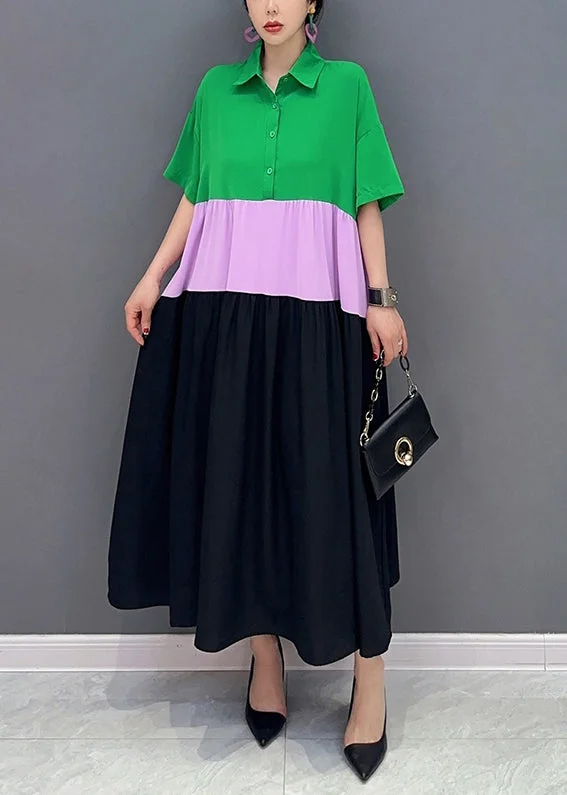 Chic Colorblock Peter Pan Collar Patchwork Cotton A Line Dress Short Sleeve LY0550 Pleated Denim Skirt