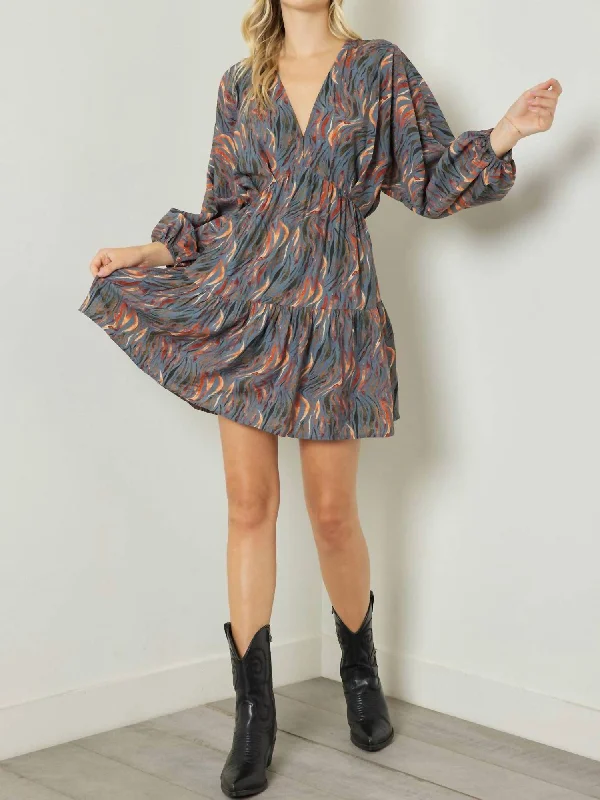 Long Sleeve Mini Dress In Charcoal Flame Print Stylish Mini Skirt