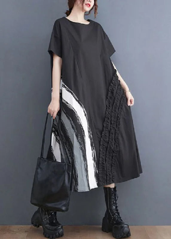 Modern Black O-Neck Ruffled Print Cotton A Line Dress Short Sleeve AC2044 Mini Skirt Fashion