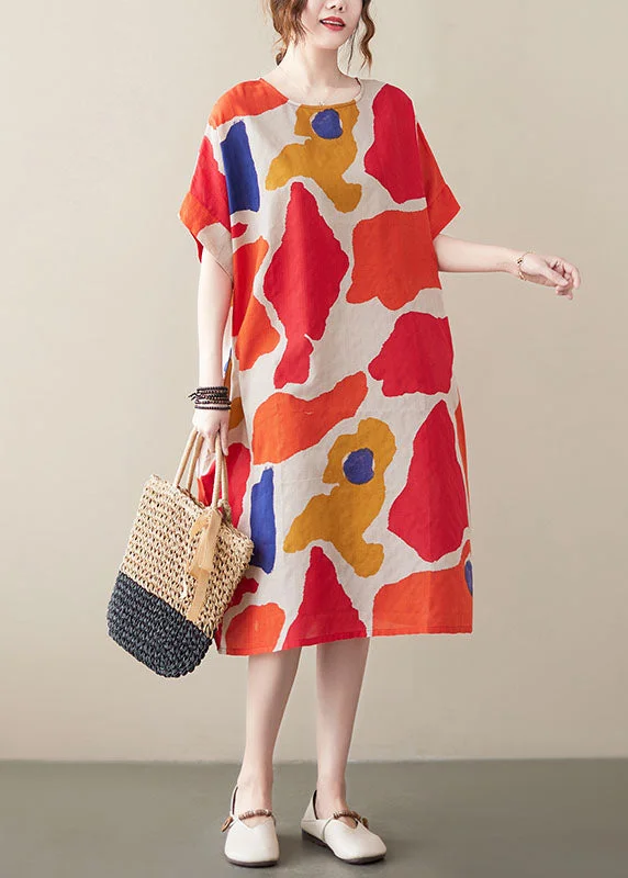 Red Print Cotton Holiday Dresses O-Neck Short Sleeve AC2093 Colorblock Mini Skirt