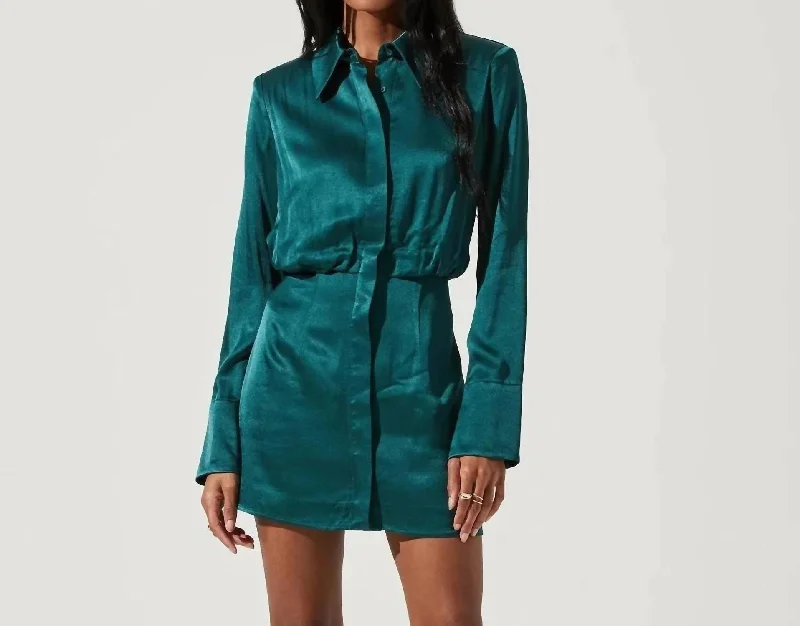 Ruth Satin Shirt Mini Dress In Hunter Green Casual Mini Skirt