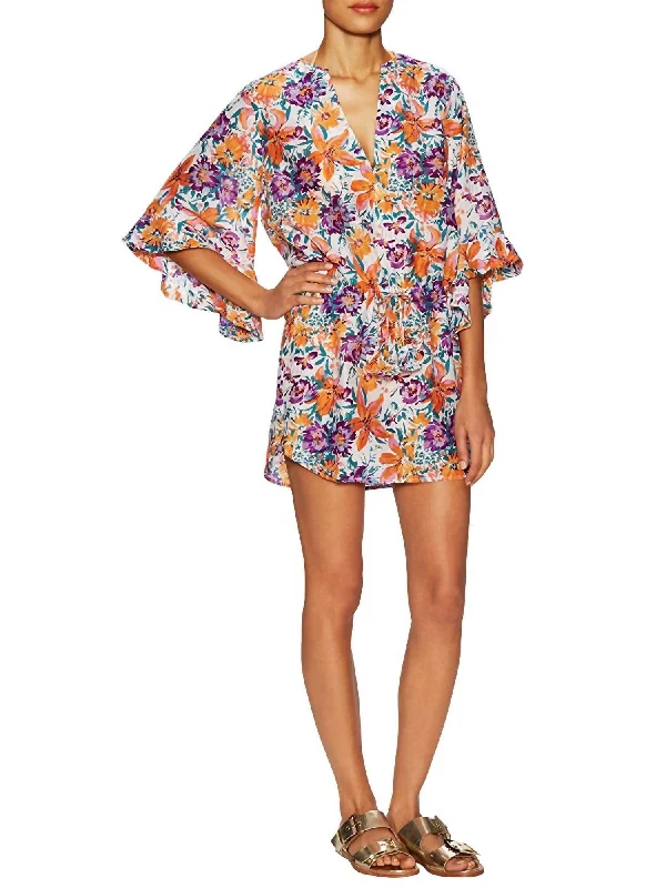 Women's Tide Titan Floral Silk Blend 3/4 Sleeve Caftan Cover-Up Mini Dress In Multi Plaid Mini Skirt