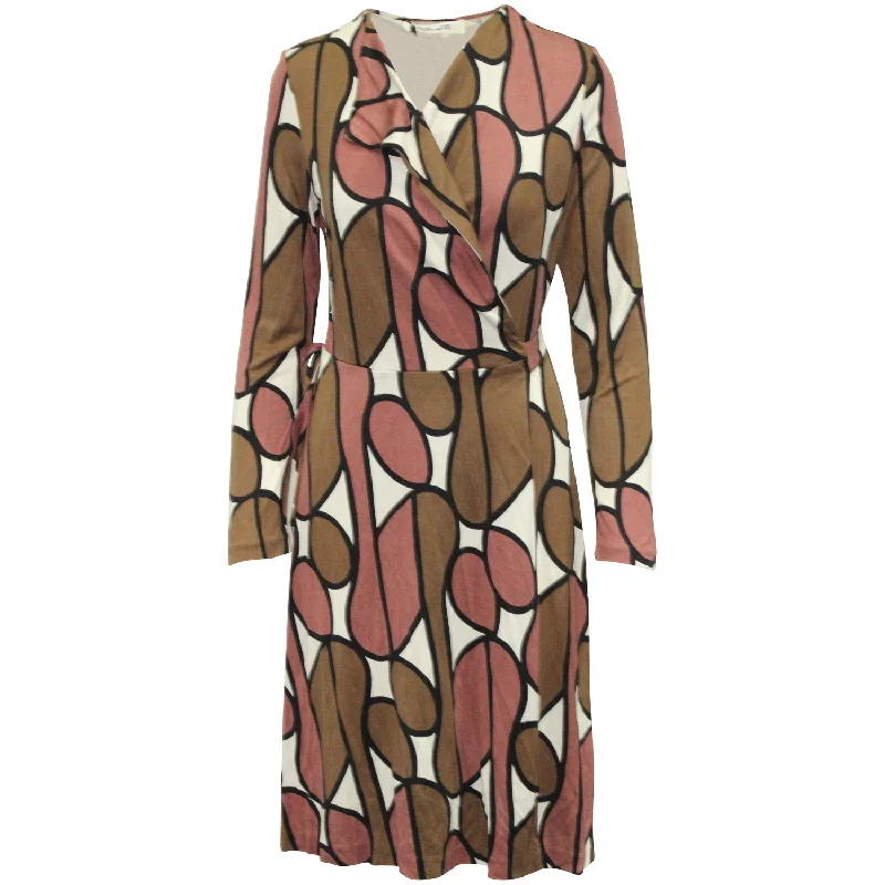 Diane Von Furstenberg Two Tone Print Wrap Midi Dress in Brown/Pink Silk Cotton Midi Skirt