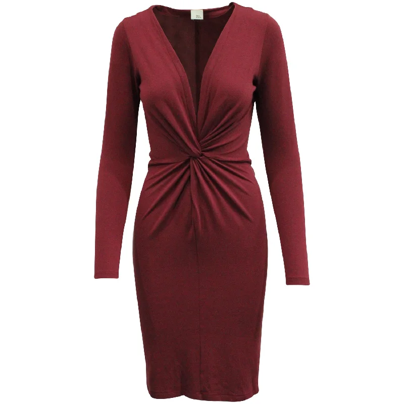 Iris & Ink Front Knot Midi Dress in Burgundy Viscose Ruffled Skirt Midi