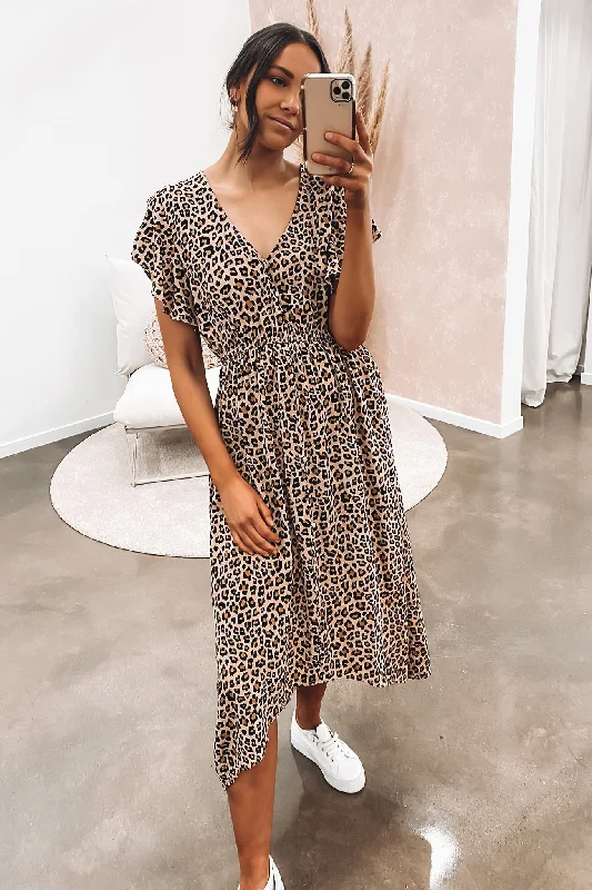 Jemima Midi Dress Tan Leopard Maxi Length Midi