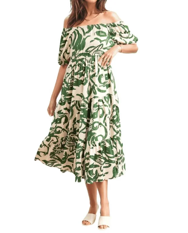 Lizzy Midi Dress In Green/ivory Flowy Midi Skirt