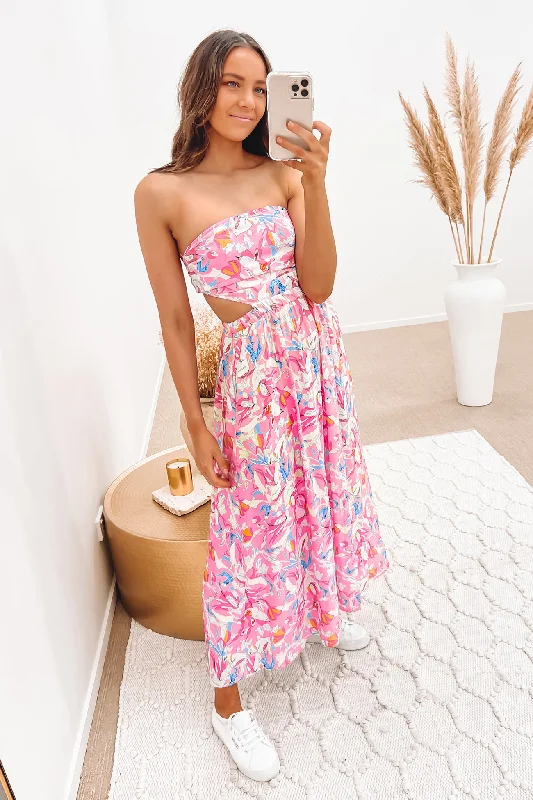 Maria Midi Dress Pink Floral Soft Denim Midi