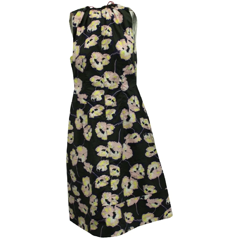 Marni Floral Print Midi Dress in Multicolor Cotton Pleated A-line Skirt