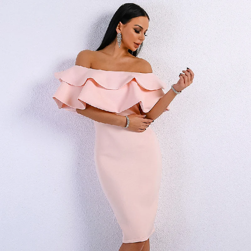 Off Shoulder Ruffle Midi Bodycon Dress Midi Skirt Print