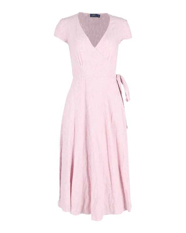 Polo Ralph Lauren Wrap Midi Dress in Pink Cotton Tulle A-line Skirt