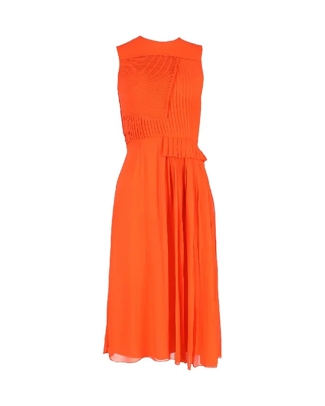 Victoria Beckham Pleated Midi Dress in Orange Wool Cozy Midi Skirt